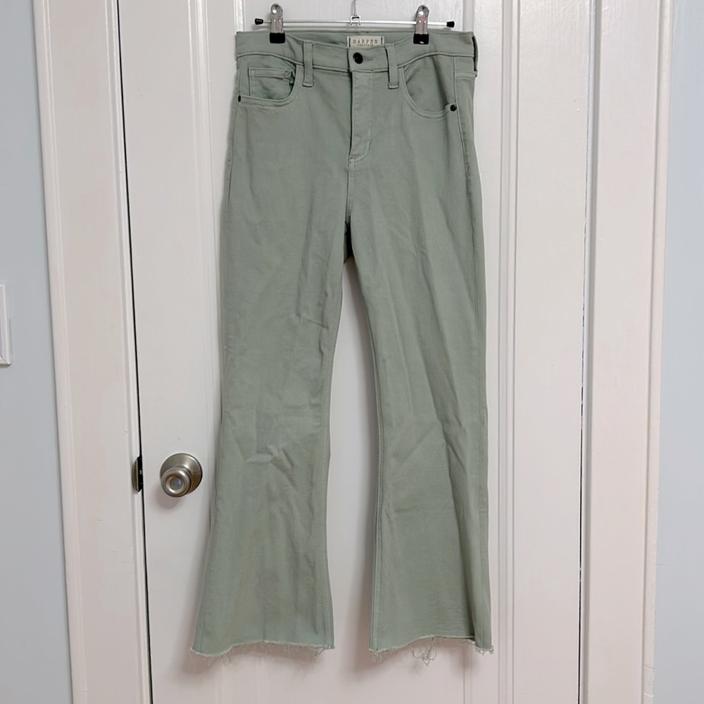 High Waist Pale Green Kick Flare Denim w/ Distressed Cuffs